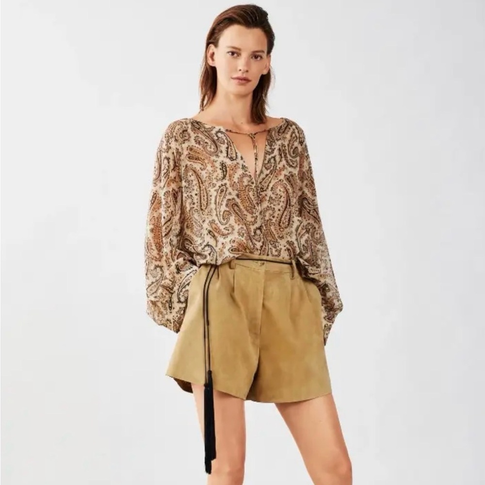 Nili Lotan Acadia Black Beige Paisley Sheer Silk Blouse, XS